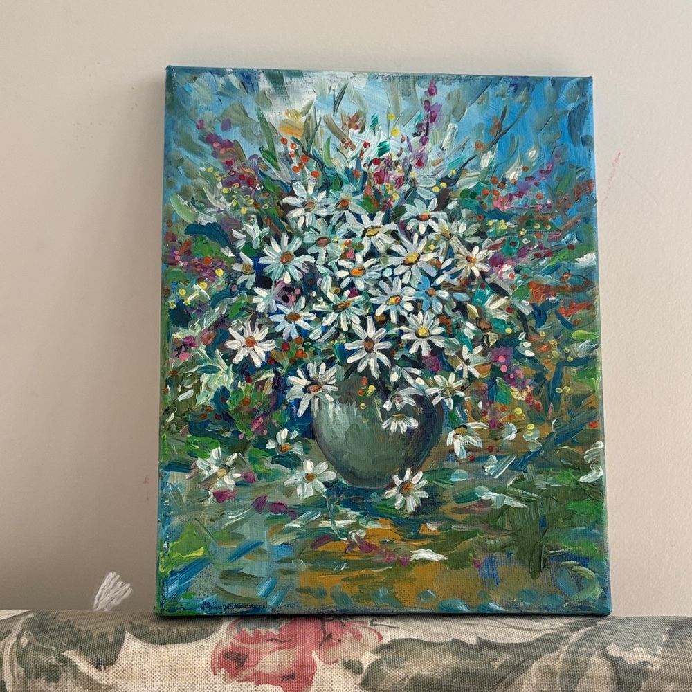 Floral Canvas Art with Blue and Green Accents